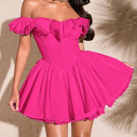 Dresses & Skirts - Hot Pink Elegant Women's Sexy Off Shoulder Lace Ruffled Chest Lace Edge Dress